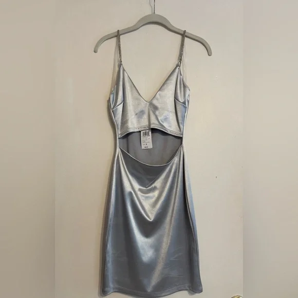 Silver/Light Blue Silky Cutout Front Mini Dress NWT - Picture 5 of 6